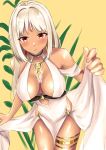  1girl azur_lane blush body_markings breasts breasts_apart center_opening cocktail_dress dark_skin dark_skinned_female dress dress_lift evening_gown facial_mark forehead_mark gold_choker grey_hair jewelry large_breasts leaning_forward massachusetts_(azur_lane) massachusetts_(dressed_to_impress)_(azur_lane) necklace red_eyes revealing_clothes saku_32607991 short_hair solo thigh_strap white_dress 