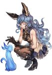  1girl animal animal_ears armpit_crease blue_hair boots breasts brown_gloves closed_eyes closed_mouth earrings erune ferry_(granblue_fantasy) frilled_skirt frills ghost gloves granblue_fantasy hair_between_eyes high_heels hungry_clicker jewelry long_hair medium_breasts sideboob simple_background single_earring skirt solo squatting thighhighs white_background 
