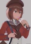  1girl artist_name brown_eyes brown_hair brown_neckwear brown_sailor_collar bubble_tea buttons drink drinking drinking_straw echt eyebrows_visible_through_hair fingernails grey_background hair_between_eyes hair_ornament highres holding holding_drink kantai_collection long_sleeves red_shirt remodel_(kantai_collection) sailor_collar sailor_shirt shirt short_hair signature simple_background solo tan_yang_(kantai_collection) upper_body yukikaze_(kantai_collection) 