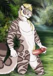  2020 5_fingers anthro balls black_spots day detailed_background digital_media_(artwork) felid fingers fur genitals grey_body grey_fur hi_res male mammal outside pantherine penis snow_leopard solo spots spotted_body spotted_fur standing tanutanuki 