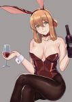  1girl absurdres alcohol alternate_costume alternate_hairstyle animal_ears bare_shoulders black_leotard bottle breasts brown_hair bunny_tail cleavage closed_mouth crossed_legs cup detached_collar drinking_glass fake_animal_ears fishnet_legwear fishnets girls_frontline green_eyes hair_between_eyes highres holding holding_cup kuro_(zhurunbo1997) leotard long_hair m1903_springfield_(girls_frontline) medium_breasts pantyhose playboy_bunny sitting smile tail wine wine_bottle wine_glass 