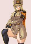  1girl :o ashiomi_masato bangs beige_background blonde_hair blue_eyes breasts brown_coat brown_headwear coat eyebrows_visible_through_hair fingerless_gloves gloves guilty_gear guilty_gear_strive hair_between_eyes highres leg_up looking_at_viewer medium_breasts millia_rage solo thighhighs thighhighs_pull 