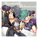  1boy 1girl :d absurdres anniversary armor curly_hair eyepatch fingerless_gloves from_above glasses gloves green_hair grey_hair grin hat hey_cre highres jacket open_clothes open_jacket open_mouth pandoria_(xenoblade) pectorals pointy_ears round_eyewear short_hair shorts shoulder_armor smile xenoblade_chronicles_(series) xenoblade_chronicles_2 zeke_von_genbu_(xenoblade) 