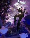  1girl bangs black_bodysuit black_footwear bodysuit bright_pupils bug butterfly city cityscape crown earrings flashlight gloves high_heels insect jewelry long_hair one_eye_closed original pointy_ears ponytail purple_eyes solo_focus teeziro w white_gloves white_hair white_pupils 