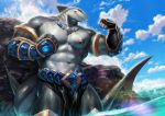  anthro armor belt clothing cloud fish gills glaive gloves handwear jewelry male marine melee_weapon muscular muscular_anthro muscular_male necklace nipples nviek5 outside polearm sea shark sky solo water weapon 