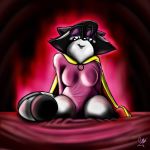  absurd_res amanda_kane anthro aura bed black_body black_fur black_hair breasts cape clothing duvet eyeshadow female fire fur furniture grey_body grey_fur hair hi_res hot_pink leotard makeup mammal passion procyonid raccoon romance sassy satin solo zerogee 