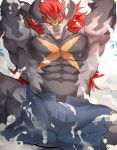  abs anthro black_body blue_bottomwear blue_clothing bottomwear chung0_0 clothed clothing demon_lord_dragon_batzz dragon future_card_buddyfight grey_body hair hand_behind_head hi_res horn looking_at_viewer male muscular muscular_anthro muscular_male open_mouth pecs red_eyes red_hair scar shorts solo suds teeth topless wet yellow_sclera 