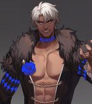  1boy abs bara blue_eyes blue_flower blue_rose chain commentary commission dark_skin dark_skinned_male english_commentary fang flower gold_chain grin heterochromia highres jouvru long_sleeves looking_at_viewer male_focus muscle nose original pectorals rose short_hair simple_background smile solo symbol_commentary thick_eyebrows upper_body white_hair yellow_eyes 