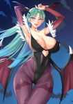  1girl aqua_hair areola_slip areolae armpits arms_up bangs bat_wings blue_background blue_eyes breasts collarbone commentary_request covered_navel covered_nipples cowboy_shot demon_girl detached_sleeves eyebrows_visible_through_hair eyelashes gradient gradient_hair green_hair head_wings highres huge_breasts large_areolae large_breasts lc_7v2 leotard long_hair long_sleeves looking_at_viewer low_wings morrigan_aensland multicolored_hair open_mouth pantyhose print_legwear purple_legwear shiny shiny_clothes shiny_hair skin_tight solo succubus vampire_(game) wings 