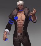  1boy abs bara bare_pecs belt blue_eyes blue_flower blue_rose chain commentary commission cowboy_shot dark_skin dark_skinned_male english_commentary flower frilled_sleeves frills fur-trimmed_jacket fur_trim gold_chain grey_background grin heterochromia highres jacket jouvru long_sleeves looking_at_viewer male_focus muscle open_clothes orange_eyes original pants pectorals rose shirtless simple_background smile solo symbol_commentary thick_eyebrows white_hair 