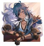  1boy absurdres arm_rest blue_eyes blue_hair border brown_gloves chain collarbone dark_skin dark_skinned_male earrings eyepatch fur_trim genshin_impact gloves grin hair_between_eyes highres holding jacket jewelry kaeya_(genshin_impact) long_hair looking_at_viewer mahi_(g808080ga) male_focus shoulder_guard simple_background smile solo table teeth upper_body white_jacket 