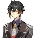  1boy bangs black_hair closed_mouth collar earrings formal genshin_impact gradient_hair hair_between_eyes jacket jewelry looking_at_viewer male_focus multicolored_hair simple_background single_earring solo ssm_(ssm82048039) suit white_background yellow_eyes zhongli_(genshin_impact) 