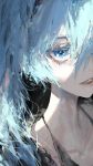  1girl absurdres aqua_hair black_background blue_eyes hair_between_eyes hair_over_shoulder hatsune_miku highres parted_lips portrait rsef solo twintails vocaloid 