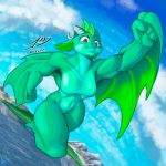  absurd_res dragon flying green_body green_skin hi_res horn invalid_background kotsu purple_eyes wings 