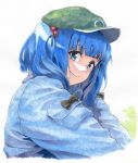  1girl bangs black_bow blue_eyes blue_hair blue_jacket blunt_bangs bow closed_mouth commentary_request cropped_torso eyebrows_behind_hair flat_cap green_headwear grey_background hair_bobbles hair_ornament hair_over_shoulder hat highres jacket kawashiro_nitori long_sleeves looking_at_viewer looking_to_the_side medium_hair medium_request outstretched_arms pocket puffy_long_sleeves puffy_sleeves shaded_face shiratama_(hockey) short_twintails sidelocks simple_background sleeve_bow smile solo tareme touhou twintails white_background 