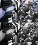  3d absurdres clenched_hands fighting flying glowing glowing_eye great_zeorymer greyscale hades_project_zeorymer highres horns lys_(hao3191570) mecha monochrome no_humans one-eyed planet single_horn space split_screen super_robot super_robot_wars super_robot_wars_judgement zeorymer 