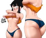  1girl absurdres ass bangs bare_arms black_eyes black_hair blue_panties blush breasts chi-chi_(dragon_ball) dragon_ball earrings echo_saber from_behind highres jewelry large_breasts looking_at_viewer multiple_views nail_polish navel nose_blush orange_shirt panties parted_lips shiny shiny_skin shirt sidelocks standing underboob underwear undressing 