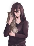  1boy absurdres aizawa_shouta animal black_hair black_shirt boku_no_hero_academia cat collarbone facial_hair highres holding holding_animal holding_cat long_hair long_sleeves shirt simple_background solo the_kingduke upper_body white_background 