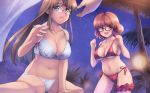  1other 2girls akemiho_tabi_nikki bra breasts brown_eyes brown_hair character_request glasses green_eyes highres kouno_hikaru large_breasts leg_garter lingerie long_hair looking_at_viewer multiple_girls navel night open_mouth oribe_shiori panties red-framed_eyewear red_bra red_panties short_hair side-tie_panties sky standing star_(sky) starry_sky underwear white_bra white_panties 