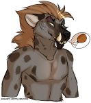  2020 anthro digital_media_(artwork) food fur gnoll grumpy_griffin_creations hair hi_res hyaenid implied_dialogue looking_at_viewer male mammal muscular muscular_anthro muscular_male nipples nude open_mouth scar simple_background smile solo spotted_hyena teeth 