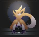  anthro anus balls big_balls big_penis black_penis blush bodily_fluids butt clothing crossgender digimon digimon_(species) genital_fluids genitals girly gloves handwear male pawpads penis precum presenting presenting_hindquarters raised_tail renamon solo warden006 