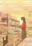  1girl bottle box brown_hair convenience_store feet_out_of_frame holding indoors long_hair long_skirt original plaid plaid_skirt profile red_sweater shelf shop skirt solo sweater yeyuan33 
