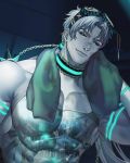  1boy abs aqua_eyes artist_name black_choker blurry blurry_background bracelet chain choker commentary commission cyborg depth_of_field ear_piercing english_commentary goggles goggles_on_head highres indoors jewelry jouvru long_hair looking_at_viewer male_focus muscle original piercing shirtless solo symbol_commentary tattoo twintails upper_body very_long_hair watermark 