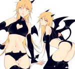  1girl ass bangs bat black_horns black_legwear black_panties blonde_hair breasts cleavage cleavage_cutout closed_mouth clothing_cutout collar commentary_request detached_sleeves eyebrows_visible_through_hair facing_viewer fake_horns fake_tail fake_wings fang from_side genderswap genderswap_(mtf) horns izumi_kouhei long_hair long_sleeves looking_at_viewer multiple_views navel open_mouth panties pepper_fever simple_background sleeves_past_wrists smile stomach surprised tail thighhighs thighs underwear white_background wings world_trigger yellow_eyes 