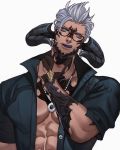  1boy abs artist_name bead_necklace beads blue_eyes buttons character_request collarbone collared_shirt commentary commission dark_skin english_commentary final_fantasy final_fantasy_xiv glasses gloves grey_hair hand_up highres horns jewelry jouvru licking_lips looking_at_viewer male_focus muscle necklace nose open_clothes open_mouth partially_fingerless_gloves pectorals purple_tongue shirt short_sleeves simple_background solo symbol_commentary tongue tongue_out upper_body watermark 