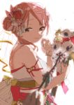 1girl armlet blurry blurry_foreground blush bow bridal_veil closed_mouth depth_of_field earrings eyebrows_visible_through_hair facing_to_the_side flower gold_trim hair_bun hair_flower hair_ornament hands highres japanese_clothes jewelry kimono lipstick looking_at_viewer love_live! love_live!_nijigasaki_high_school_idol_club makeup necklace pearl_necklace pink_hair side_part smile solo_focus taberu_343 uehara_ayumu upper_body veil white_flower yellow_eyes 