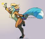  2020 anthro biped blue_body blue_fur breasts brown_clothing canid canine chasing clothed clothing cure_(character) digital_media_(artwork) female fox fur grumpy_griffin_creations hair mammal on_one_leg onesie open_mouth red_eyes red_nose running simple_background smile solo standing tan_body tan_fur white_body white_fur 