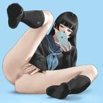  1girl anus bangs black_eyes black_hair black_legwear blue_background blunt_bangs bottomless cellphone covered_mouth covering covering_crotch full_body half-closed_eyes highres hime_cut hiramedousa holding holding_phone kneehighs leg_lift leg_up long_hair long_sleeves looking_at_phone mole mole_on_ass neckerchief no_shoes original phone presenting reclining school_uniform serafuku simple_background sitting sleeves_past_wrists smartphone solo spread_legs 