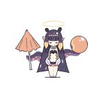  1girl adapted_costume ball beachball black_hair chibi closed_eyes flat_chest halo highres holding holding_umbrella hololive hololive_english long_hair mini_wings navel ninomae_ina&#039;nis pointy_ears solo standing swimsuit takeru_(hashiru11275) tentacle_hair tentacles umbrella very_long_hair virtual_youtuber white_background 