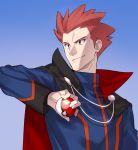  1boy absurdres brown_eyes cape closed_mouth commentary_request glint highres holding holding_poke_ball lance_(pokemon) long_sleeves looking_to_the_side male_focus nagiko_(mangalove1111) poke_ball poke_ball_(basic) pokemon pokemon_(game) pokemon_hgss red_hair smile solo spiked_hair upper_body 