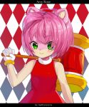  1girl ahoge amy_rose animal_ears argyle argyle_background artist_name bangs bare_shoulders blush character_name closed_mouth commentary dress eyebrows_visible_through_hair eyes_visible_through_hair flat_chest gloves green_eyes hairband hammer hand_up happy holding letterboxed light_blush methynecros pink_hair red_background red_dress red_hairband shiny shiny_hair short_hair simple_background sleeveless sleeveless_dress smile solo sonic_the_hedgehog standing upper_body v-shaped_eyebrows watermark white_gloves 