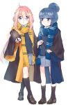  2girls bangs black_cloak black_fox black_legwear black_sweater blue_cloak blue_eyes blue_hair blue_scarf blue_skirt cloak commentary crossed_legs dress_shirt english_commentary eyebrows_visible_through_hair full_body hair_bun halloween halloween_costume harry_potter highres hogwarts_school_uniform holding holding_wand kagamihara_nadeshiko loafers long_hair long_sleeves looking_at_another looking_at_viewer messy_hair miniskirt multiple_girls open_mouth parted_lips pink_hair pleated_skirt purple_eyes ringosutta scarf school_uniform shima_rin shirt shoes short_hair simple_background sketch skirt socks standing striped striped_scarf sweater two-sided_cloak two-sided_fabric v-shaped_eyebrows wand white_background white_shirt wide_sleeves yellow_cloak yellow_scarf yurucamp 