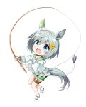  1girl :d animal_ears bangs blue_eyes eyebrows_visible_through_hair fishing_line fishing_lure fishing_rod flower full_body fur_trim green_sailor_collar green_shorts grey_footwear grey_hair hair_between_eyes hair_flower hair_ornament hairclip highres holding holding_fishing_rod horse_ears horse_girl horse_tail kuena sailor_collar seiun_sky_(umamusume) shirt shoes short_shorts shorts simple_background smile solo standing standing_on_one_leg tail umamusume white_background white_shirt yellow_flower 