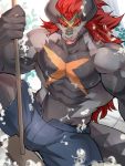  abs anthro black_body blue_bottomwear blue_clothing bottomwear broom bulge chung0_0 clothed clothing demon_lord_dragon_batzz dragon future_card_buddyfight grey_body hair hi_res holding_object horn looking_at_viewer male muscular muscular_anthro muscular_male open_mouth pecs red_eyes red_hair scar shorts sitting solo suds teeth topless wet yellow_sclera 
