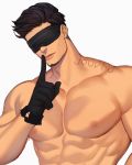  1boy abs artist_name bara beard black_gloves blindfold brown_hair closed_mouth commentary commission covered_eyes english_commentary facial_hair facing_viewer gloves highres jouvru male_focus muscle nipples original pectorals shirtless simple_background solo symbol_commentary toned upper_body watermark white_background 