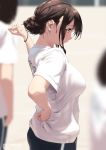  1girl adjusting_hair bangs black_hair breasts gym_uniform hair_bun hand_on_hip jonsun large_breasts nape original profile shirt t-shirt 