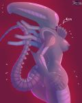  2020 absurd_res alien alien_(franchise) alien_humanoid anthro bodily_fluids breasts digital_media_(artwork) female genitals hi_res humanoid looking_at_viewer nipples not_furry nude pussy shan3ng simple_background smile solo xenomorph 