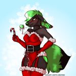  2020 anthro balls biped black_body black_fur blue_background blush bodily_fluids breasts candy candy_cane christmas christmas_lingerie clothed clothing clothing_malfunction cute_face dessert digital_media_(artwork) erection femboy_fox food fur garter_straps genital_fluids genitals girly green_body green_eyes green_fur green_inner_ear green_nose green_tail green_tongue grumpy_griffin_creations hair hi_res holding_object holidays legwear looking_at_viewer male penis precum red_clothing simple_background smile snowflake solo standing tongue 