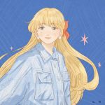  1girl aino_minako bangs bishoujo_senshi_sailor_moon blonde_hair blue_background blue_eyes blue_shirt collared_shirt earrings hair_ribbon jewelry long_hair red_ribbon ribbon shirt solo upper_body yeyuan33 