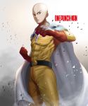 1boy abs absurdres bald belt black_eyes bodysuit clenched_hand debris determined fighting_stance gloves highres jumpsuit male_focus muscle one-punch_man red_gloves saitama_(one-punch_man) shading steam superhero white_background wrinkles yellow_bodysuit yngh2445 zipper zipper_pull_tab 