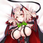  1girl :o azur_lane bangs black_cape black_sleeves blonde_hair blush bow bowtie breasts brown_eyes cape claw_pose corset covered_nipples cross-laced_clothes dakimakura detached_sleeves embarrassed eyebrows_visible_through_hair fingernails frilled_sleeves frills green_neckwear headgear kl501 large_breasts light_blush long_fingernails looking_at_viewer lying multicolored_hair nail_polish on_bed open_mouth raised_eyebrows red_cape red_hair red_nails roon_(azur_lane) roon_(muse)_(azur_lane) short_hair solo streaked_hair striped two-sided_cape two-sided_fabric underbust vertical_stripes 