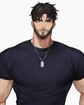  1boy bangs bara beard belt black_hair blue_shirt brown_eyes closed_mouth commentary commission dog_tags english_commentary facial_hair highres jouvru looking_at_viewer male_focus manly muscle original pectorals shirt short_sleeves simple_background solo stubble symbol_commentary t-shirt upper_body veins 