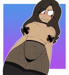 areola blush clothed clothing embarrassed female fishnet hi_res human human_only legwear lizielewddle mammal nipple_tape not_furry pasties skimpy solo stockings tape 
