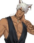  1boy animal_ears arm_tattoo artist_name bara bare_shoulders black_choker cat_boy cat_ears choker collarbone commentary commission dark_skin earrings english_commentary facial_mark final_fantasy final_fantasy_xiv fingernails hair_between_eyes jewelry jouvru looking_at_viewer male_focus muscle necklace original pectorals sharp_fingernails short_hair simple_background single_earring sleeveless smile solo symbol_commentary tail tattoo upper_body watermark white_background white_hair 