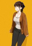  1girl :p black_hair bow breasts cleavage commentary_request earrings hair_bow highres jacket jewelry jun_(seojh1029) looking_at_viewer necklace original pants ponytail shirt sidelocks simple_background sleeves_past_wrists solo standing tongue tongue_out 
