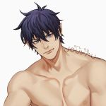  1boy abs ao_no_exorcist artist_name bangs blue_eyes blue_hair closed_mouth collarbone commentary commission demon_boy english_commentary eyebrows_visible_through_hair fang fang_out hair_between_eyes jouvru looking_at_viewer male_focus muscle okumura_rin pectorals pointy_ears shirtless solo upper_body white_background 